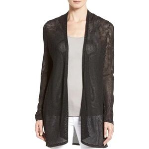 Eileen Fisher Petite Black Open Knit Duster Cardigan Sweater Sheer Minimal Boho